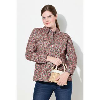 Ulla Popken  Blusa in velluto a coste con stampa florale, colletto da camicia e maniche lunghe 