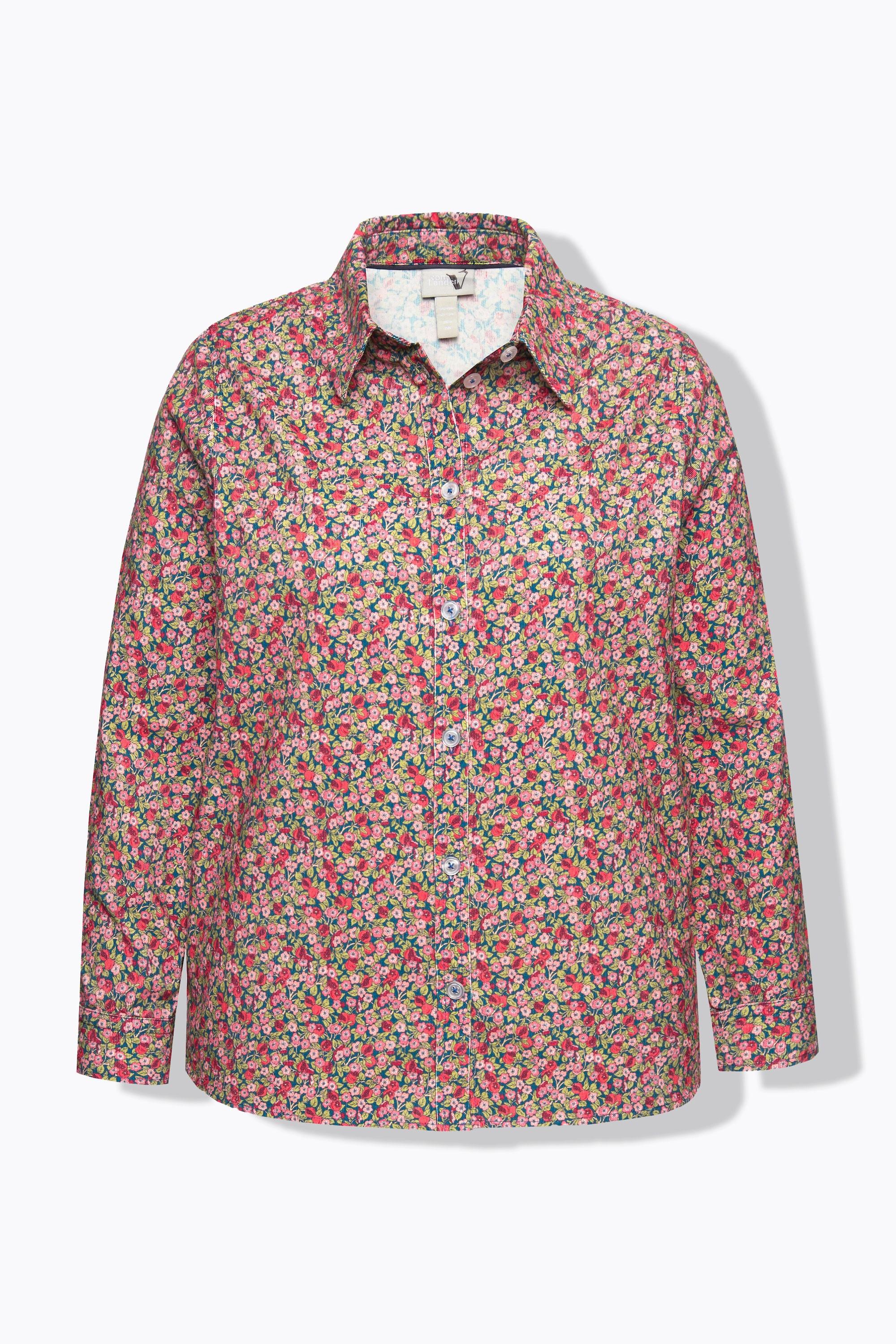 Ulla Popken  Blusa in velluto a coste con stampa florale, colletto da camicia e maniche lunghe 