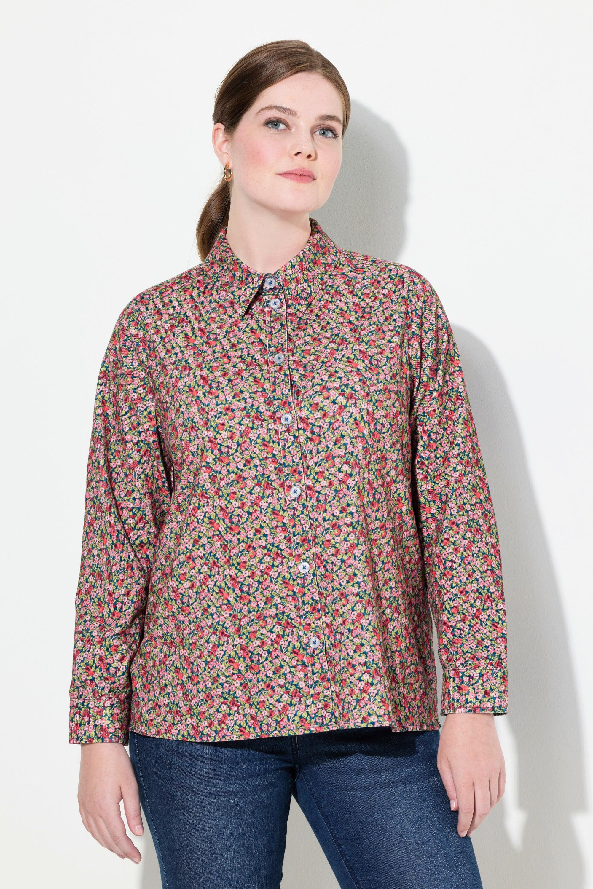 Ulla Popken  Blusa in velluto a coste con stampa florale, colletto da camicia e maniche lunghe 