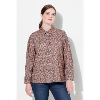 Ulla Popken  Blusa in velluto a coste con stampa florale, colletto da camicia e maniche lunghe 