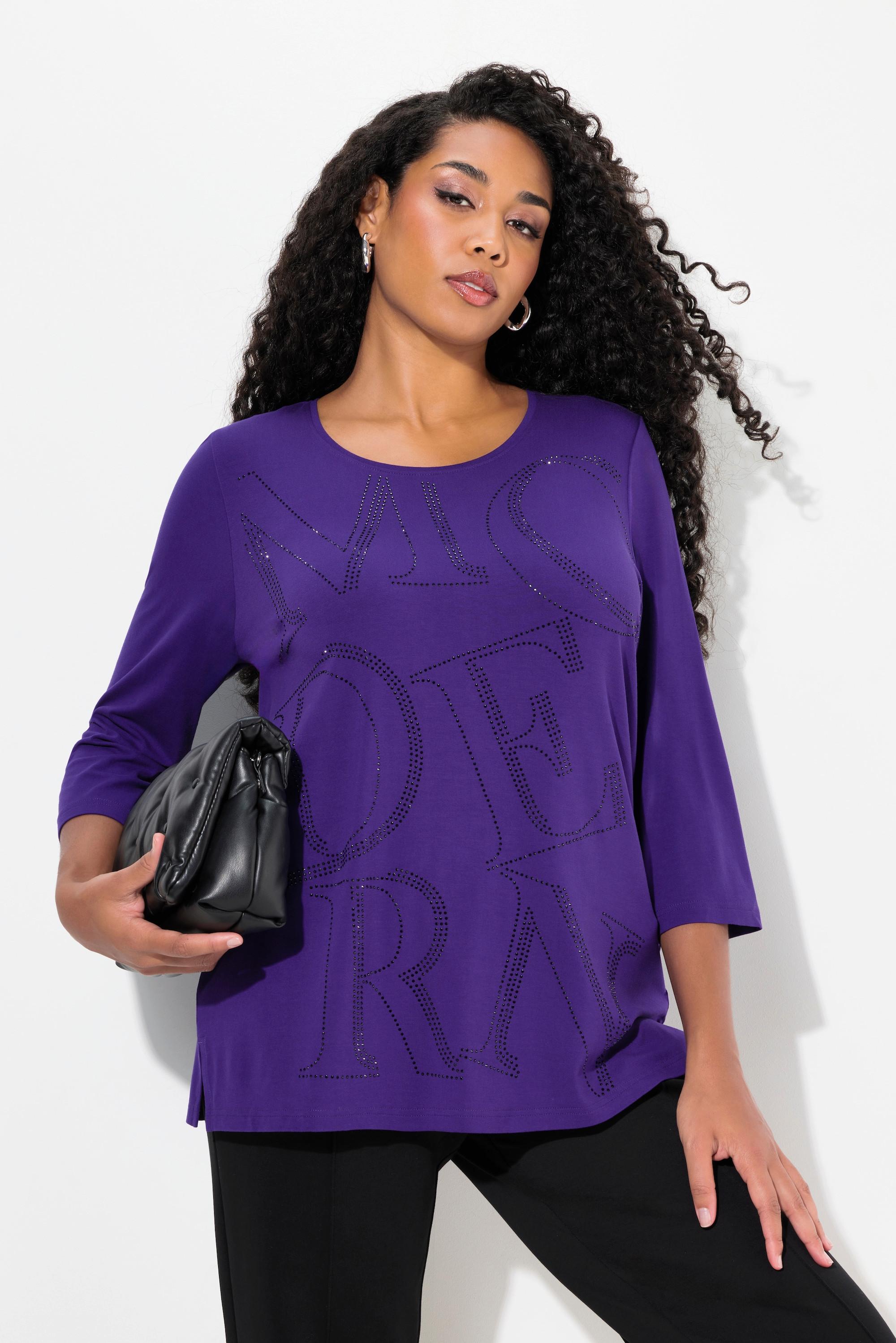 Ulla Popken T-shirt Classique Lettres Pailletées Col Rond Manches 3/4  