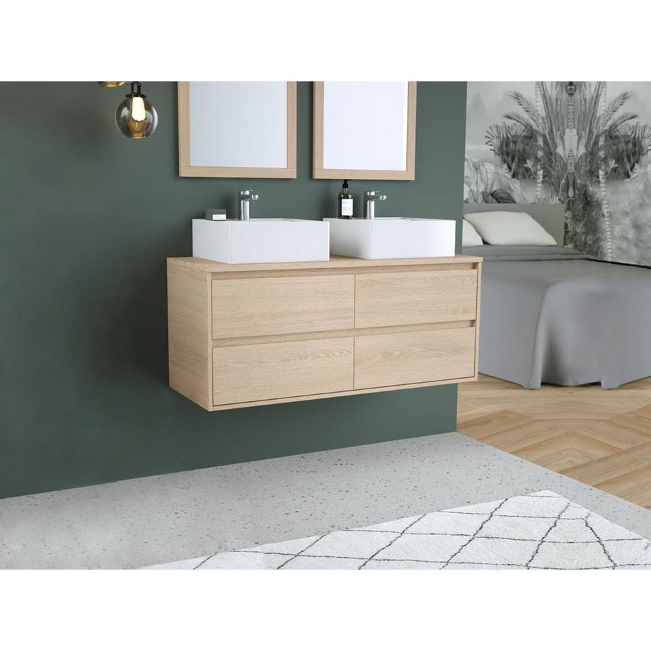 Vente-unique Meuble de salle de bain suspendu avec double vasque à poser et miroir - Placage chêne - 120 cm - MILIPAM  