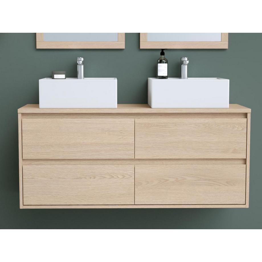 Vente-unique Meuble de salle de bain suspendu avec double vasque à poser et miroir - Placage chêne - 120 cm - MILIPAM  