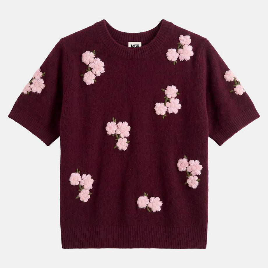 La Redoute Collections Pull col rond manches courtes brodé fleurs  
