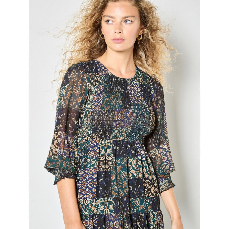 APRICOT Robe mi-longue en mousseline smockée à motifs ikat  