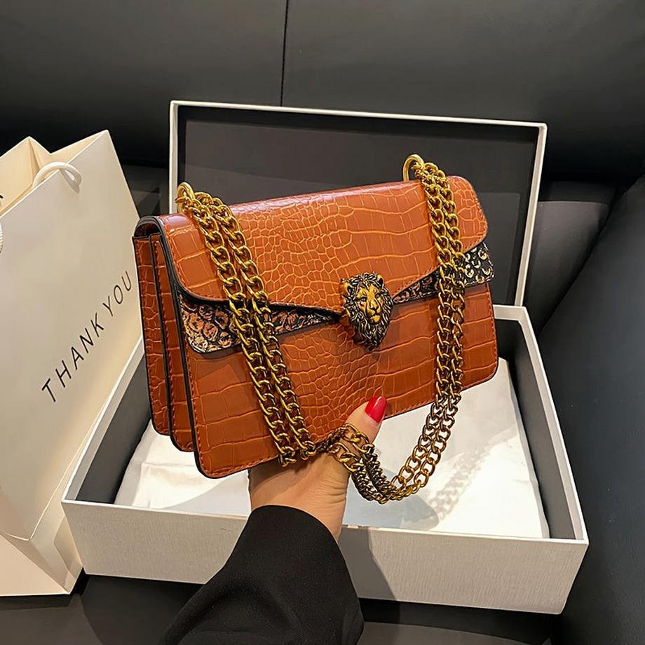 Only-bags.store Klassisches Nischen-Design Mini Quadrat Umhängetasche mit Löwenverschluss und Kettenriemen  