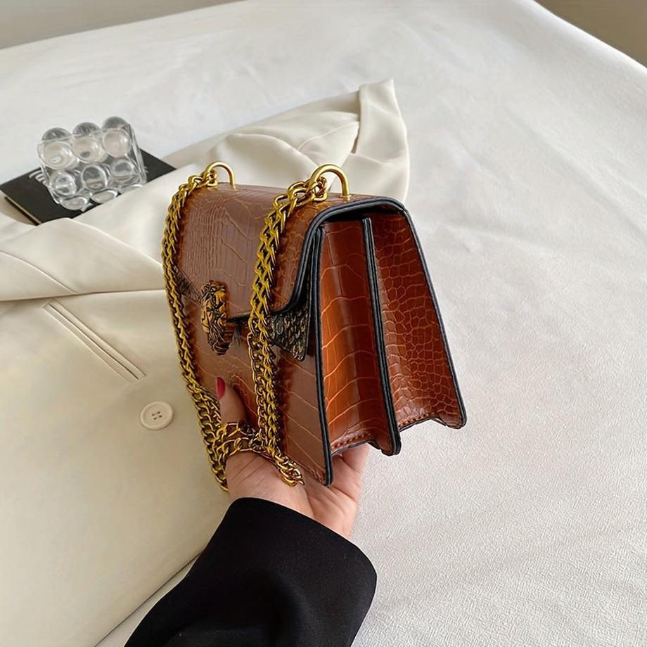Only-bags.store Klassisches Nischen-Design Mini Quadrat Umhängetasche mit Löwenverschluss und Kettenriemen  