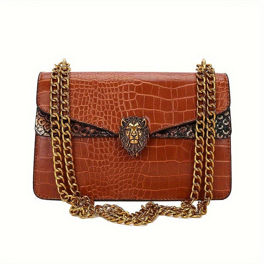 Klassische Nischen-Design Mini Square Umhängetasche, All-Match Trendy Klappe Löwe Knopf Dekor Kette Tasche