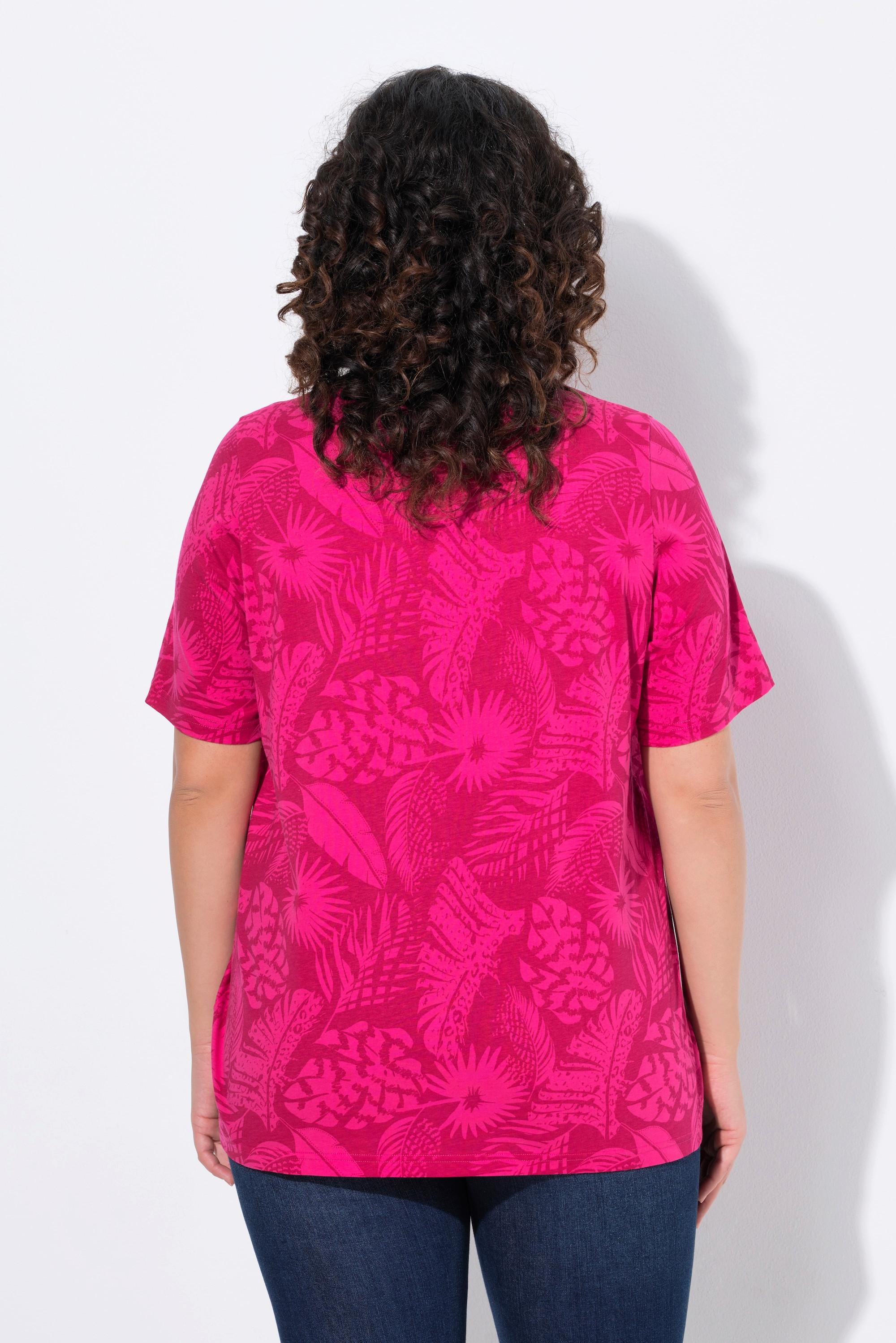 Ulla Popken Motif de plumes Coupe évasée Col V Manches courtes T-shirt  