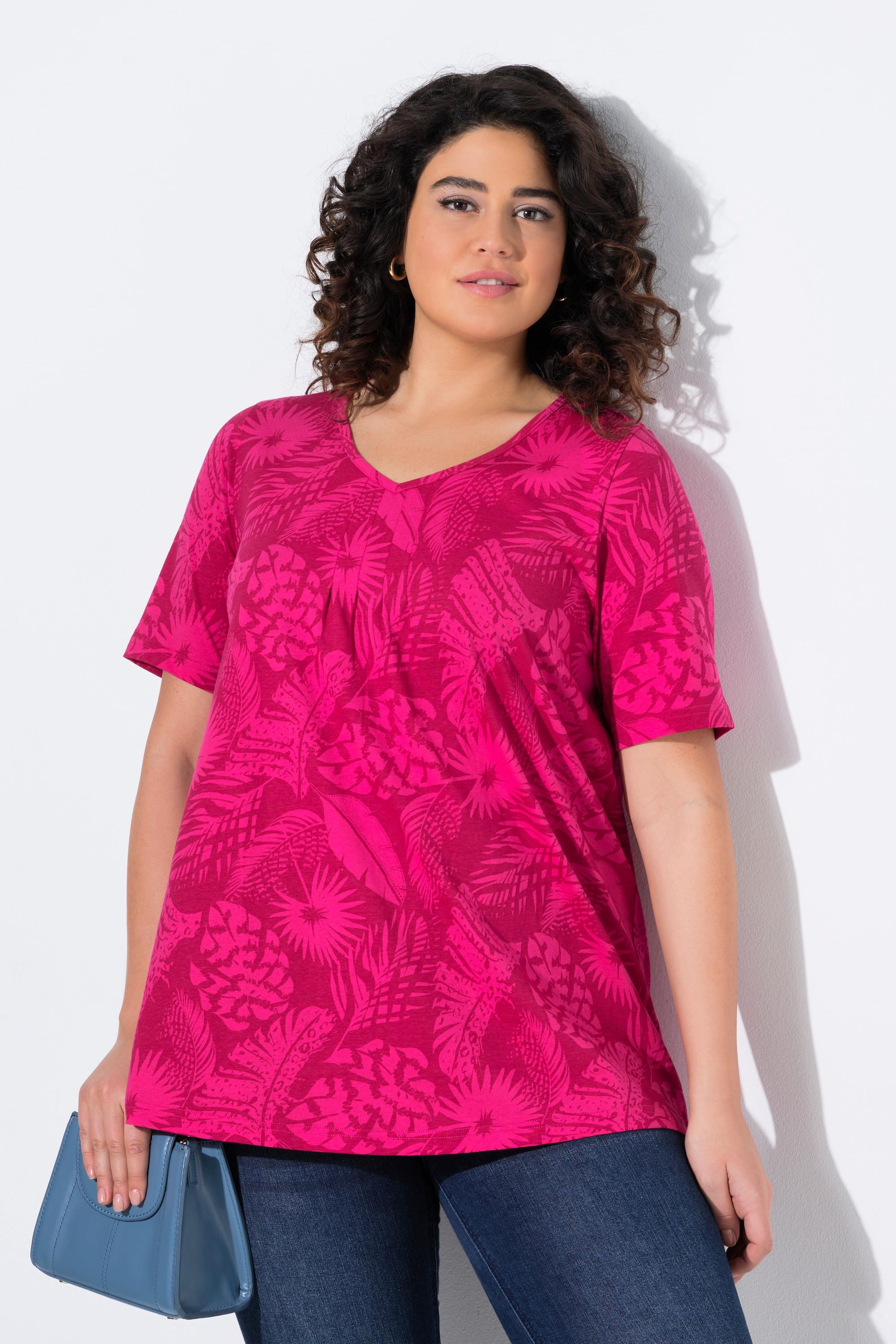 Ulla Popken Motif de plumes Coupe évasée Col V Manches courtes T-shirt  