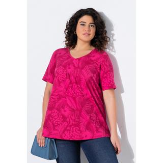 Ulla Popken Motif de plumes Coupe évasée Col V Manches courtes T-shirt  