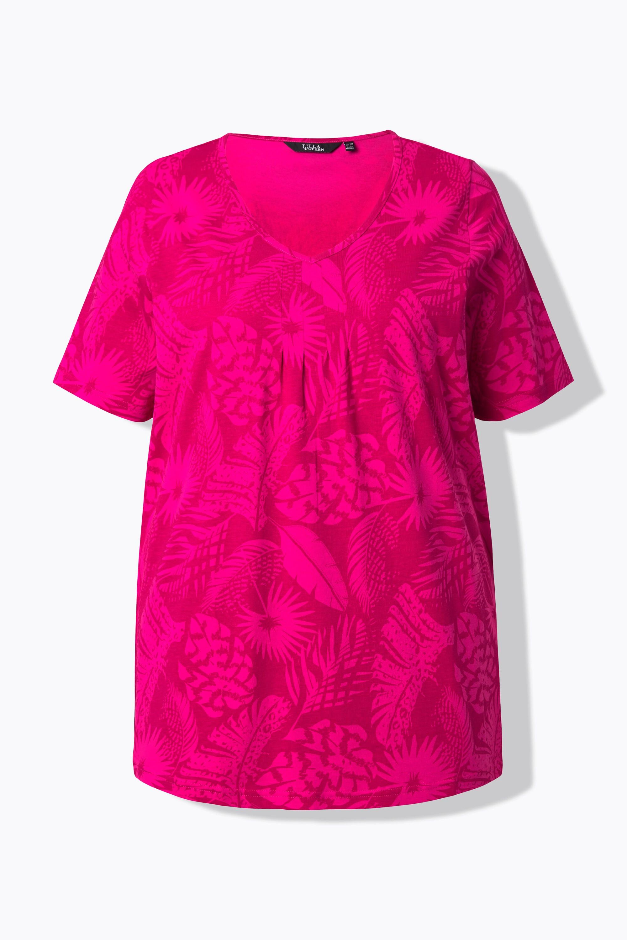 Ulla Popken Motif de plumes Coupe évasée Col V Manches courtes T-shirt  