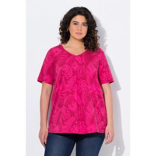 Ulla Popken Motif de plumes Coupe évasée Col V Manches courtes T-shirt  