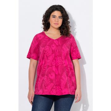 T-shirt, motif de plumes, coupe évasée, col V, manches courtes