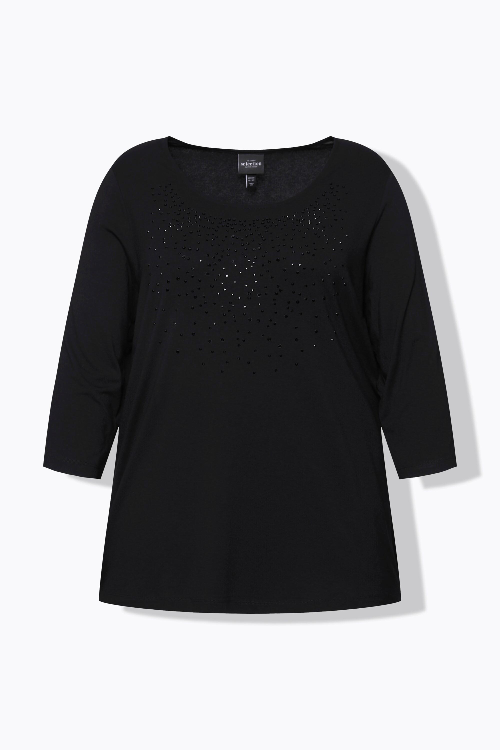 Ulla Popken  T-shirt à col rond et manches 3/4, coupe Classic, strass 