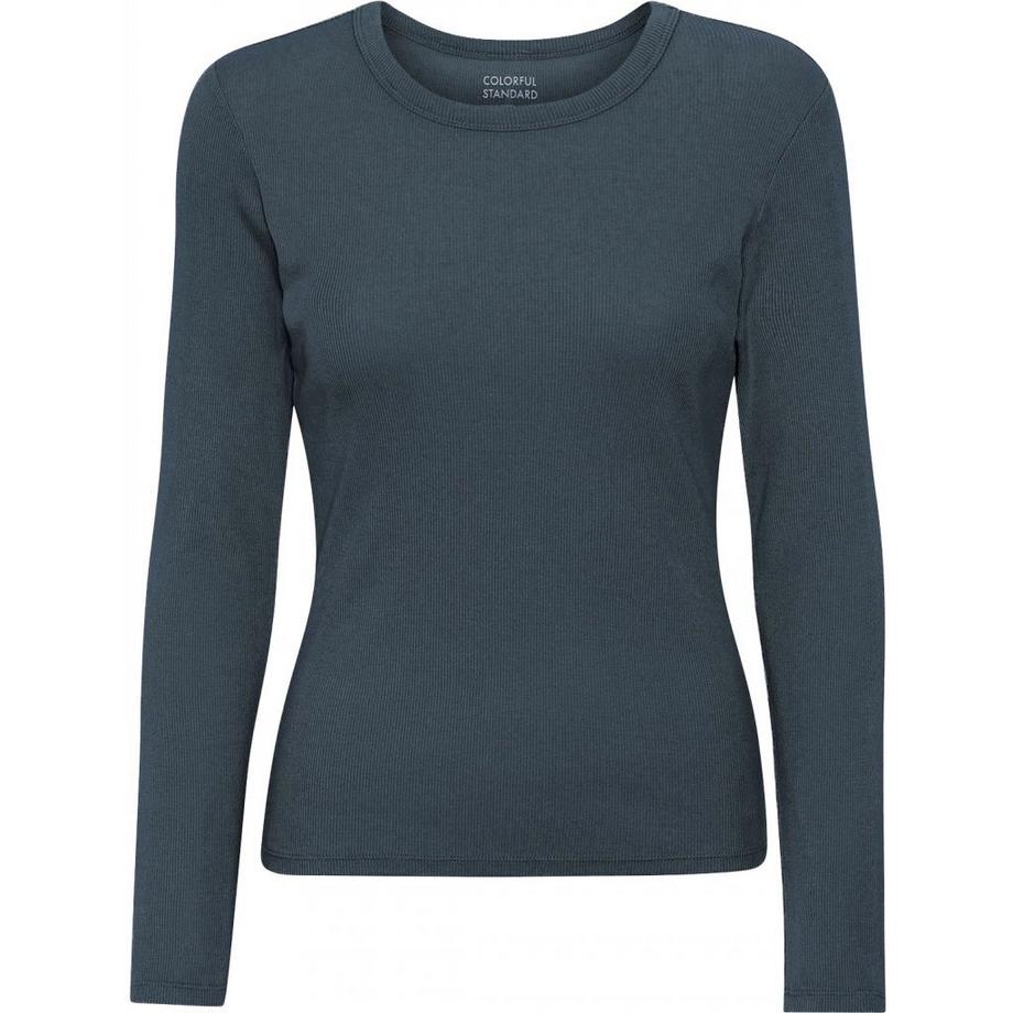 Geripptes T-Shirt mit langen Ärmeln, Frau  Organic petrol blue