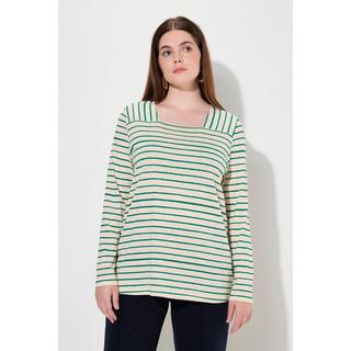 Ulla Popken  T-shirt rayé en coton bio, encolure carrée et manches longues 