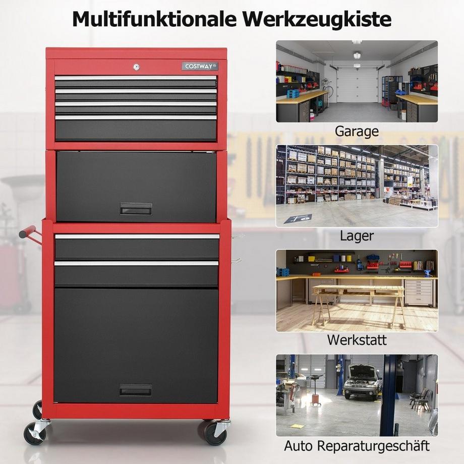 Northio Abschließbarer 2-in-1-Werkzeugtruhe mit hoher Kapazität Griff 6 Schubladen & 4 Rädern Rot + Schwarz  