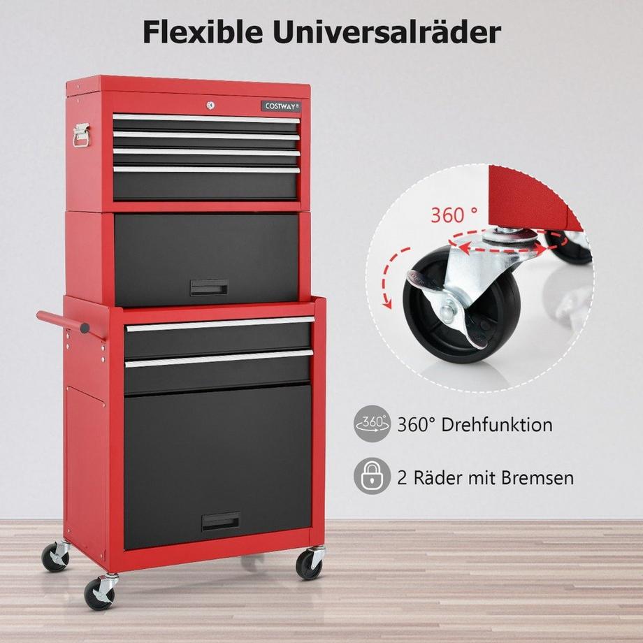 Northio Abschließbarer 2-in-1-Werkzeugtruhe mit hoher Kapazität Griff 6 Schubladen & 4 Rädern Rot + Schwarz  
