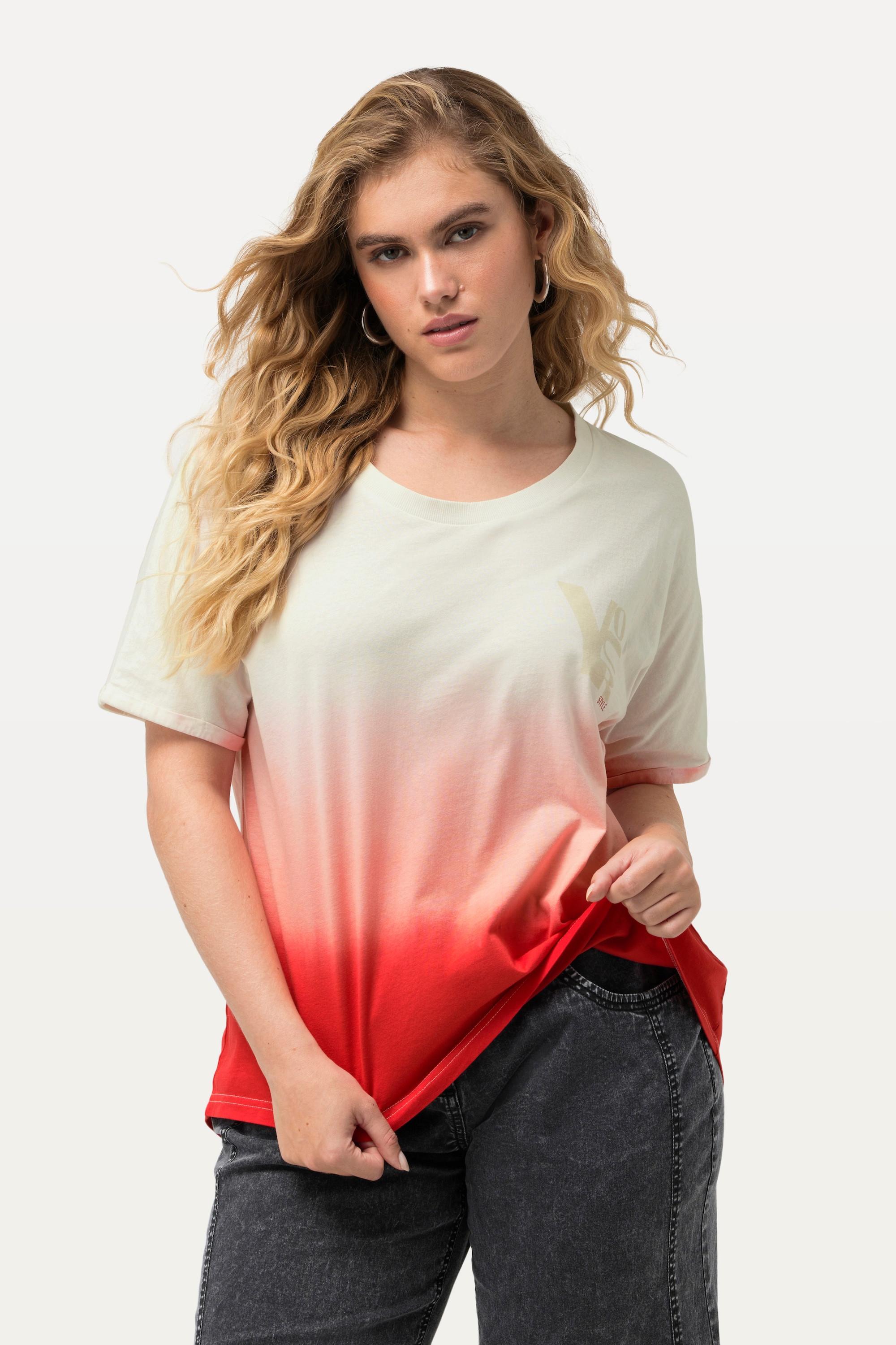 Ulla Popken  T-shirt in jersey con crespatura, righe in stile batik, scollo a girocollo e mezze maniche 