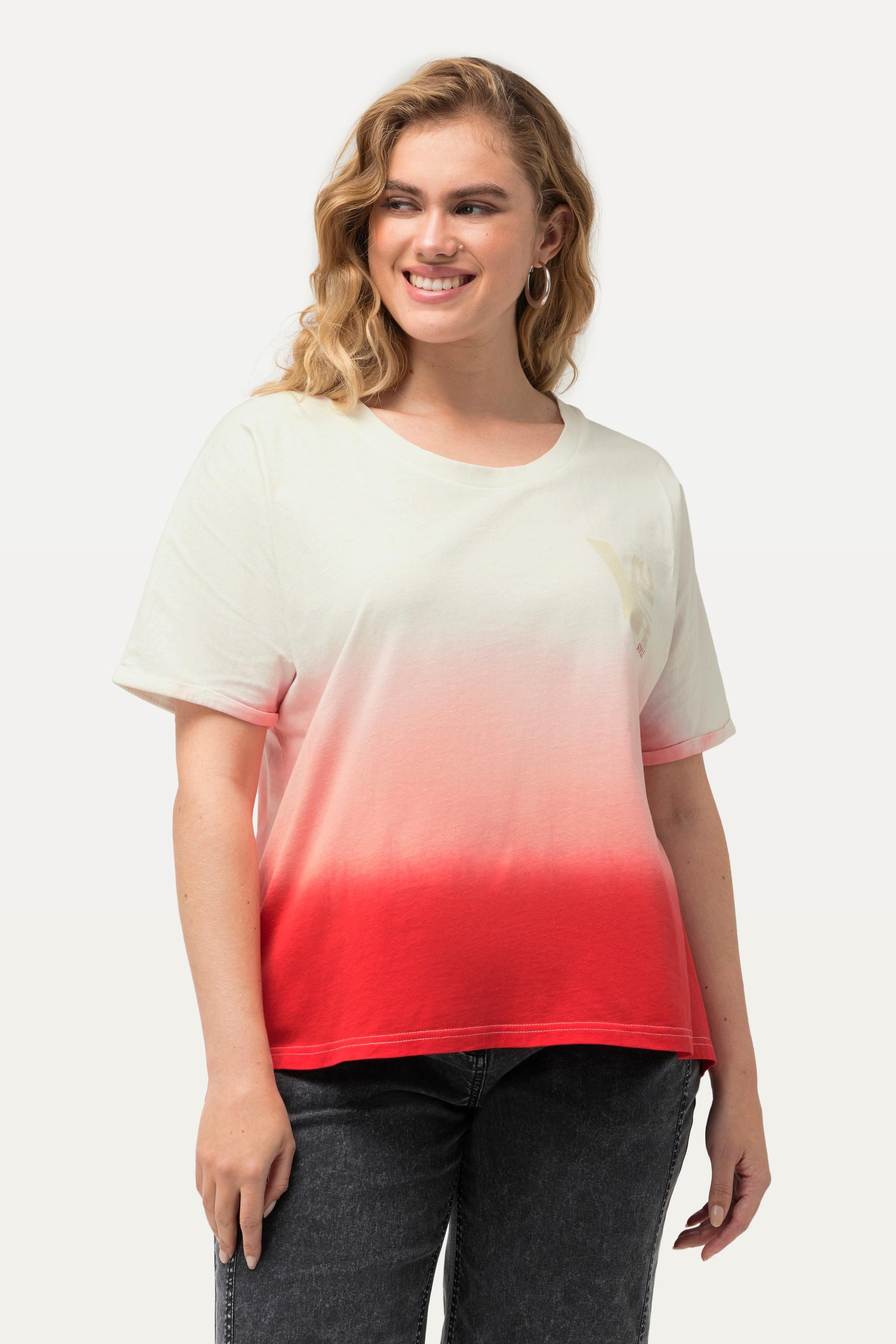 Ulla Popken  T-shirt in jersey con crespatura, righe in stile batik, scollo a girocollo e mezze maniche 