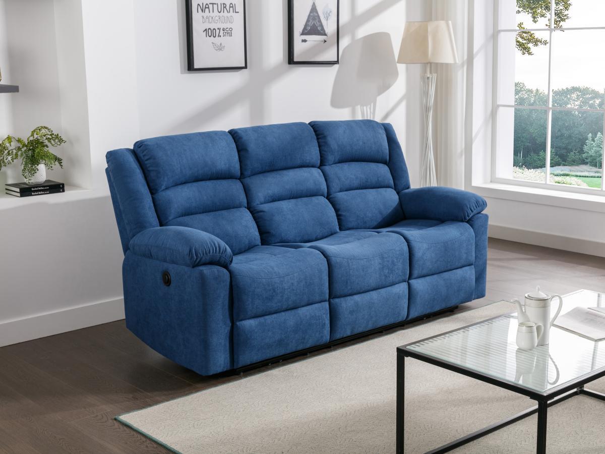 Vente-unique Canapé 3 places relax électrique en tissu bleu BUROLO  