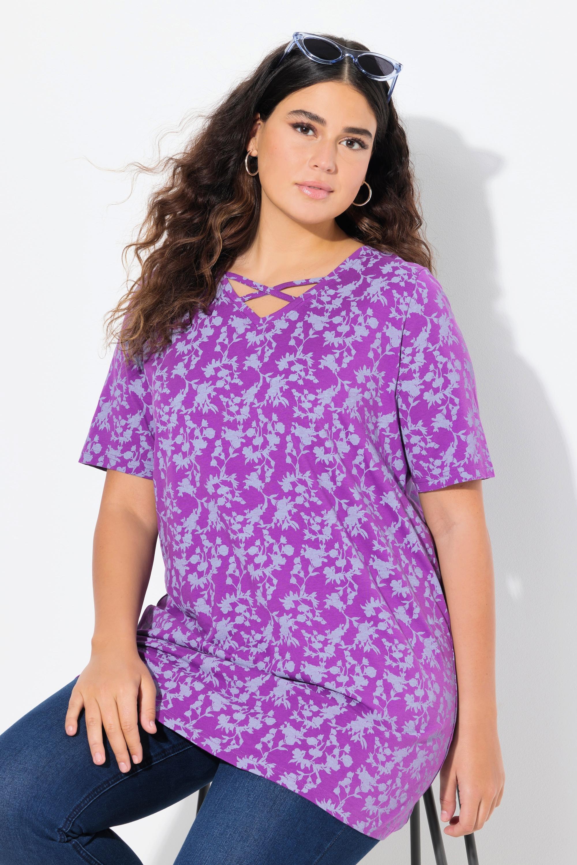 Ulla Popken T-shirt Manches Courtes Col V Petits Cordons Fantaisie  