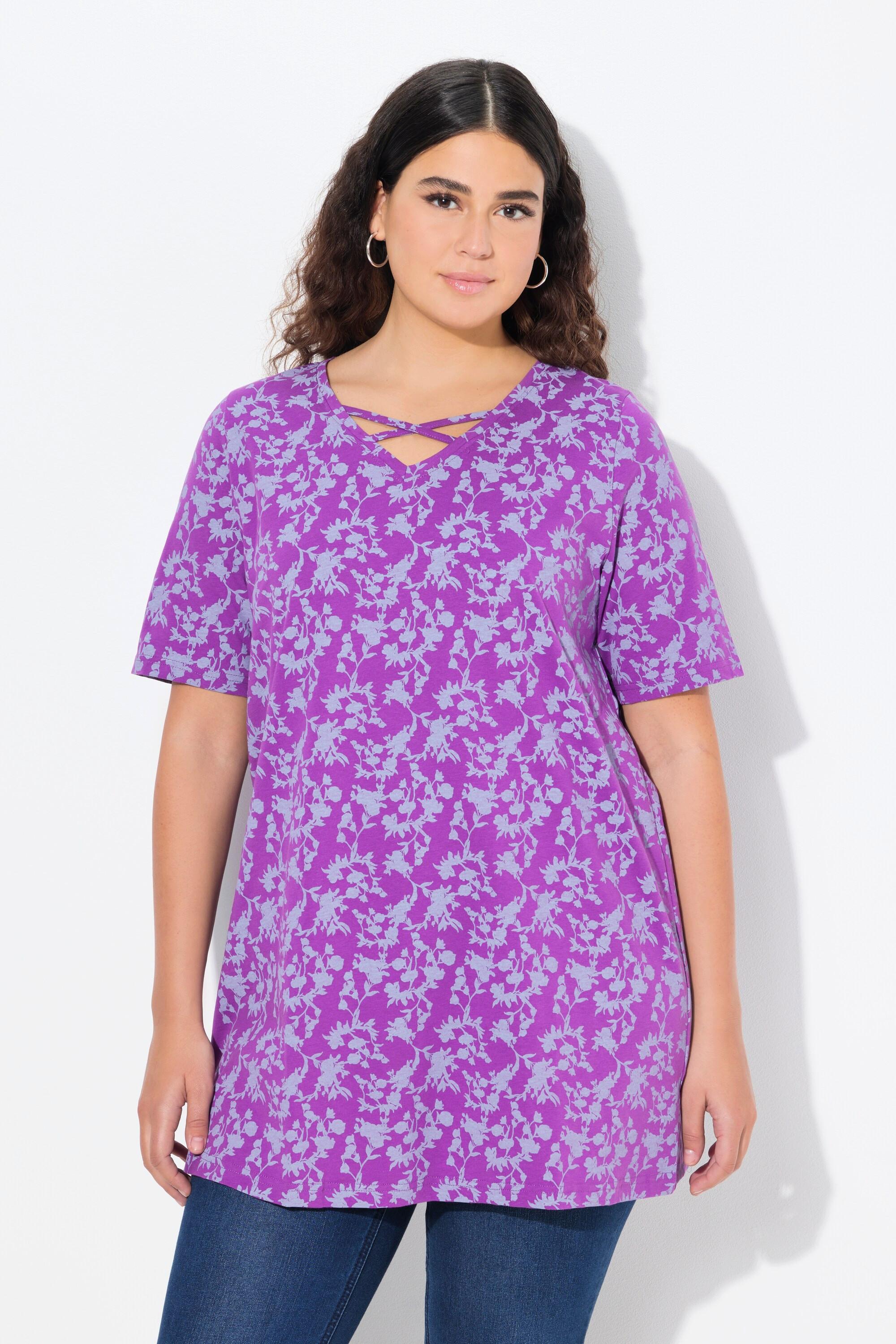 Ulla Popken T-shirt Manches Courtes Col V Petits Cordons Fantaisie  