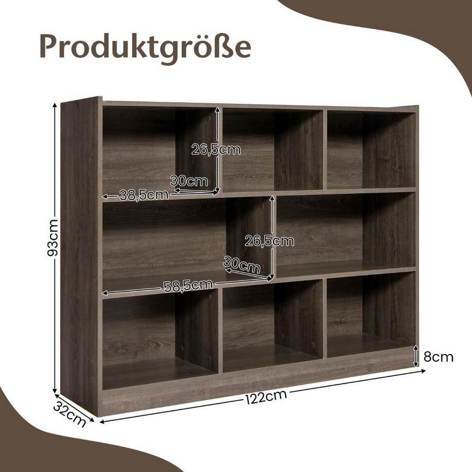 B2X Freistehendes offenes Bücherregal mit 3 Ebenen & 8 Würfeln Mehrzweckschrank mit rutschfester Basis Grau  