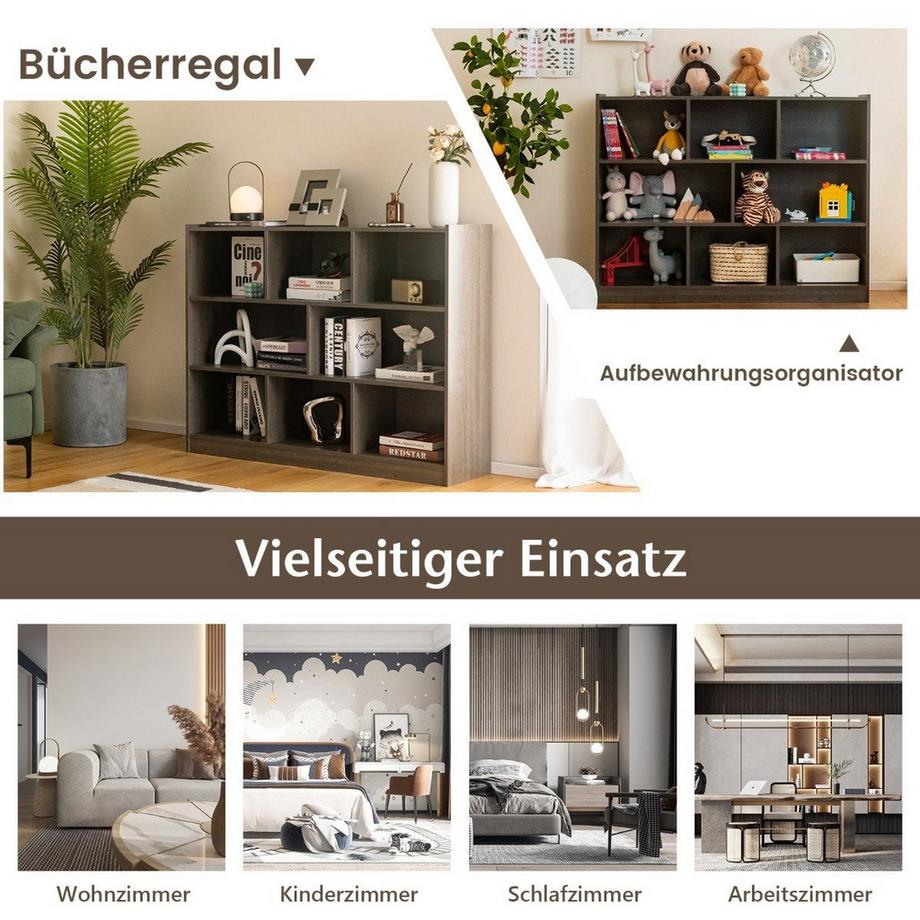 B2X Freistehendes offenes Bücherregal mit 3 Ebenen & 8 Würfeln Mehrzweckschrank mit rutschfester Basis Grau  