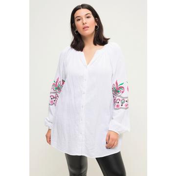 Blouse oversized en mousseline, col tunisien et broderies