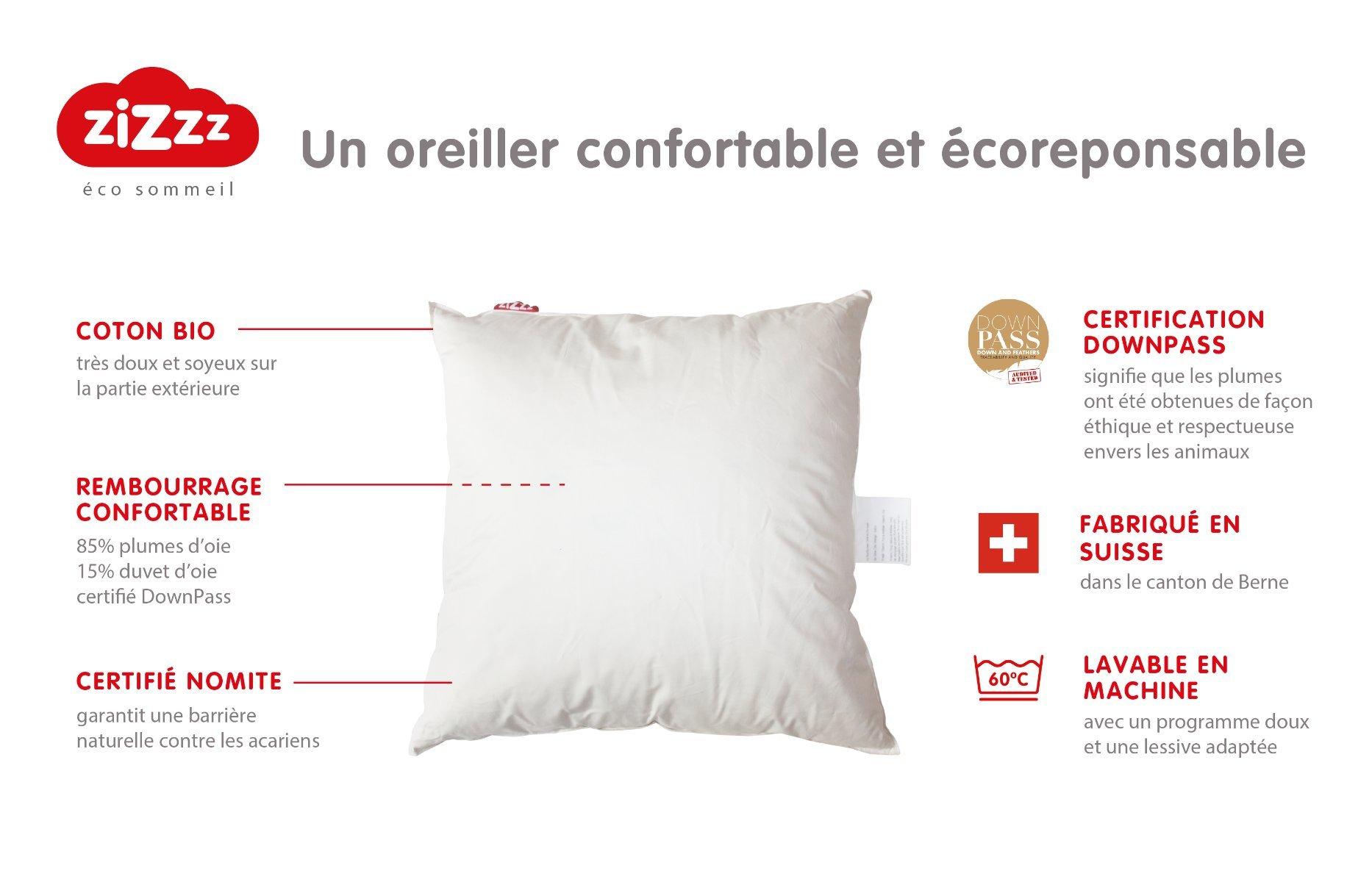 Zizzz Oreiller Premium Duvet d'Oie Bio Nomite Downpass  