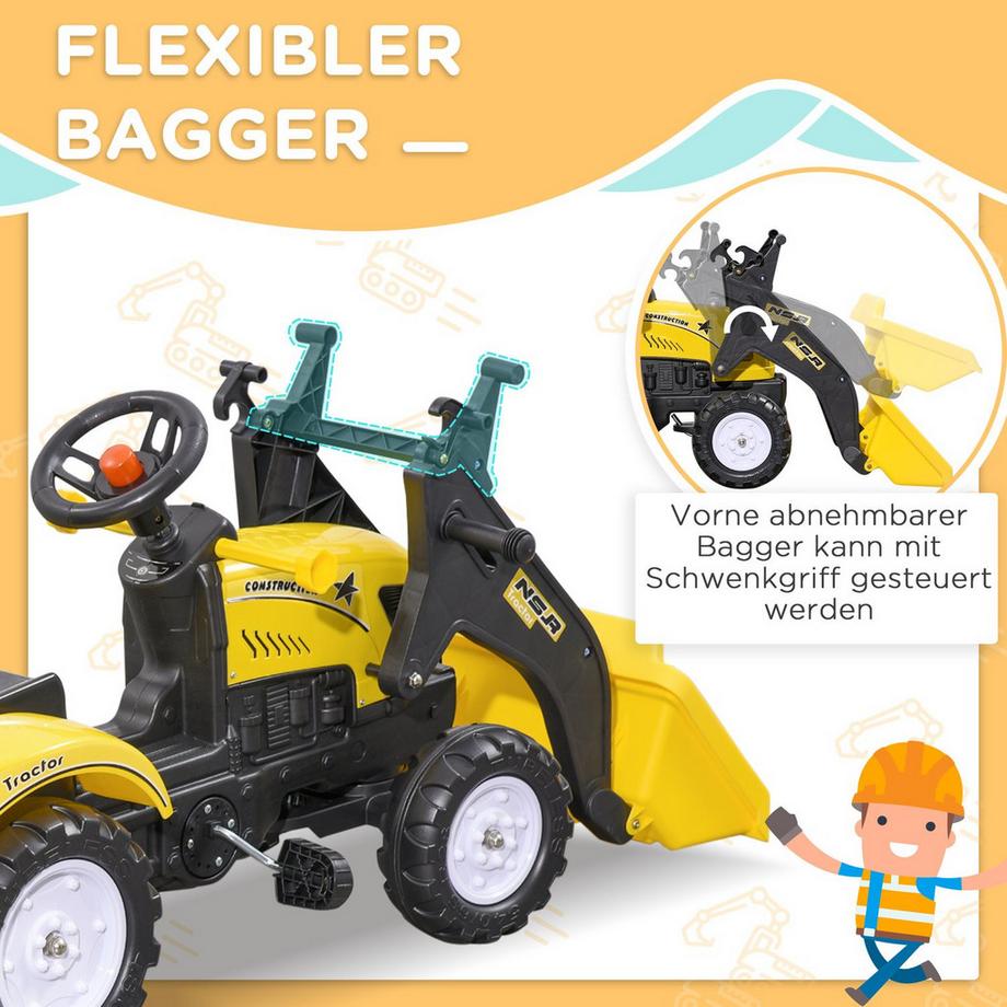 Northio  Trettraktor Mit Anhänger, Tretfahrzeug Mit Schaufel, Kinderfahrzeug Traktor Für Ab 3 Jahren Kinder, Gelb 