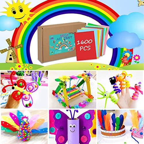 Activity-board  Kit de bricolage pour enfants 1600+Pcs art et bricolage pour enfants, fournitures de bricolage kit de bricolage scrapbooking pompons pailletés, plumes, boutons, paillettes, cure-pipes, perles 