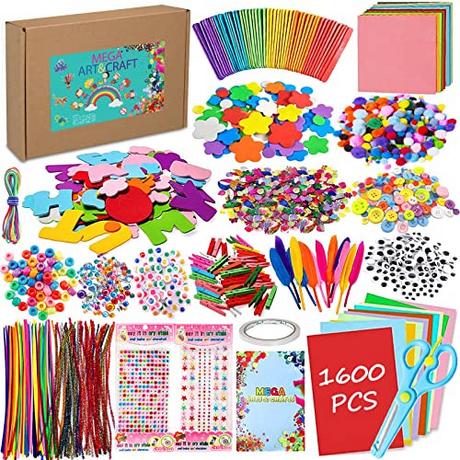 Activity-board  Kit de bricolage pour enfants 1600+Pcs art et bricolage pour enfants, fournitures de bricolage kit de bricolage scrapbooking pompons pailletés, plumes, boutons, paillettes, cure-pipes, perles 