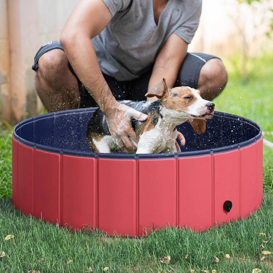Northio  Dog Pool Pataugeoire Pour Chiens, Piscine En Pvc + Bois, Rouge, Ø100Xh30 Cm, Rafraîchissement D'Été 