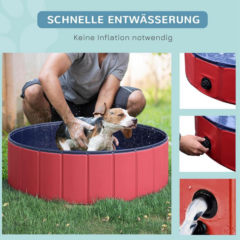 Northio  Dog Pool Pataugeoire Pour Chiens, Piscine En Pvc + Bois, Rouge, Ø100Xh30 Cm, Rafraîchissement D'Été 