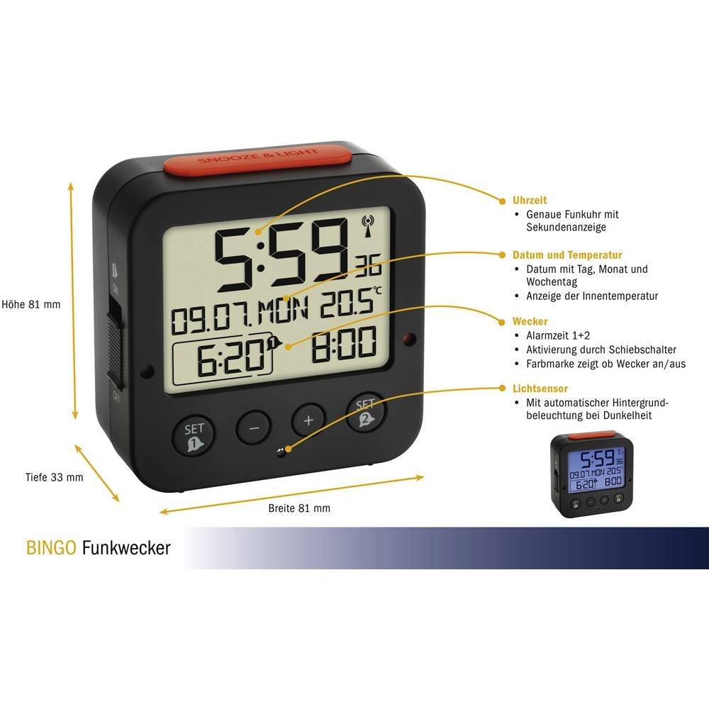 TFA Dostmann Radiocontrollato Sveglia Nero Tempi di allarme 2  