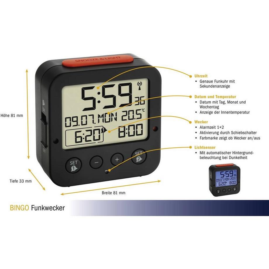 TFA Dostmann Radiocontrollato Sveglia Nero Tempi di allarme 2  