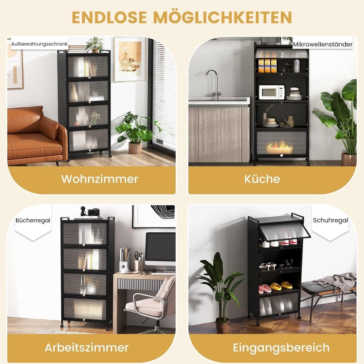 B2X Küchenregal mit Rollen Mobiler Mikrowellenständer mit Aufklappbaren PC-Türen 60 x 32 x 154 cm Schwarz  