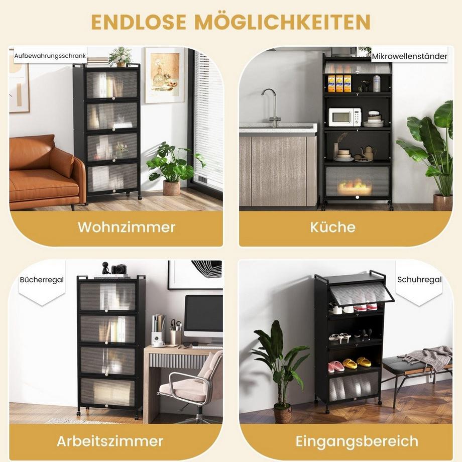 B2X Scaffale da cucina con ruote Supporto mobile per microonde con ante incernierate per PC 60 x 32 x 154 cm Nero  