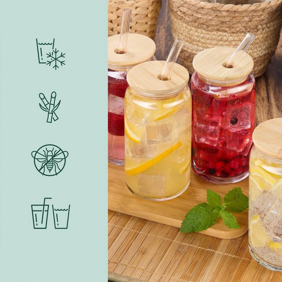 B2X Trinkglas mit Bambusdeckel, 4er-Pack  