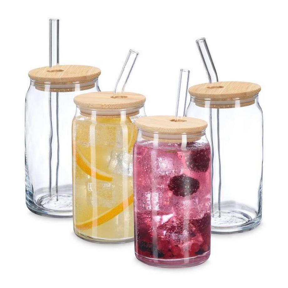 Trinkglas mit Bambusdeckel, 4er-Pack