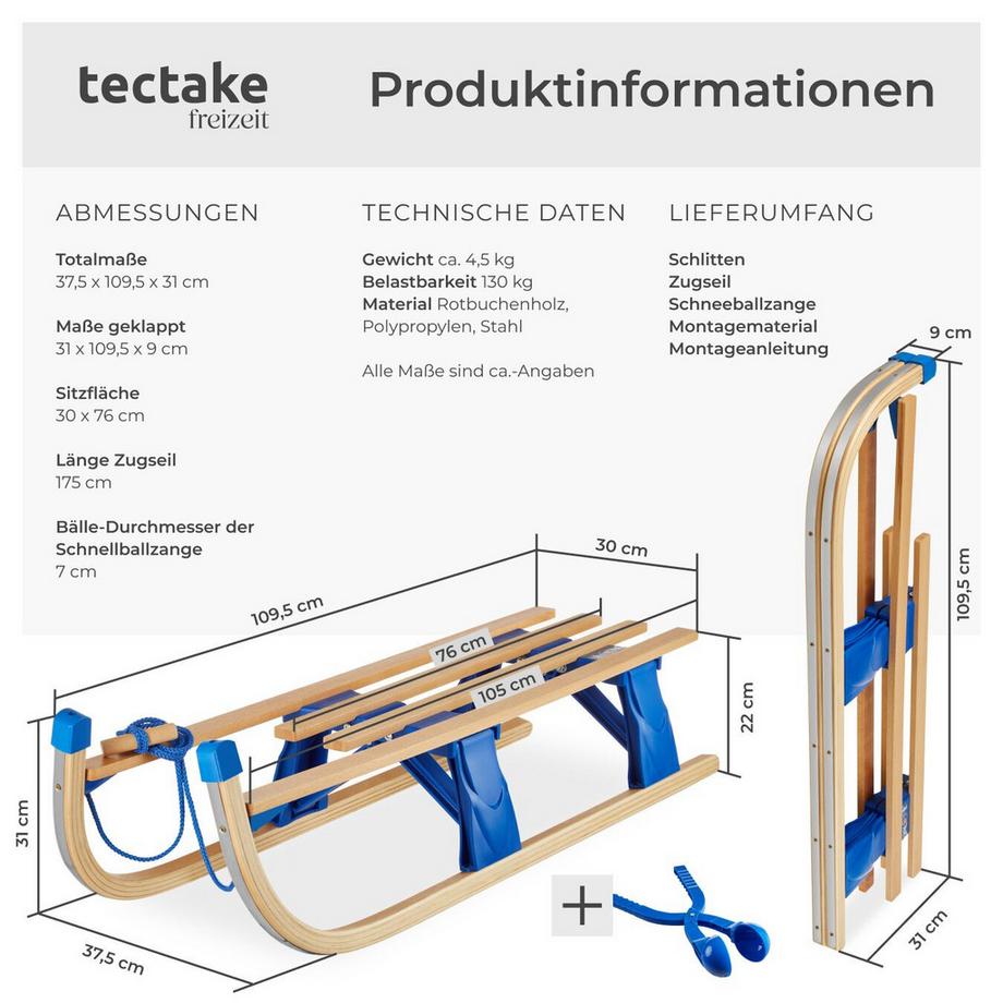 Tectake  Holzschlitten Jeffrey klappbar aus Buchenholz und Kunststoff 