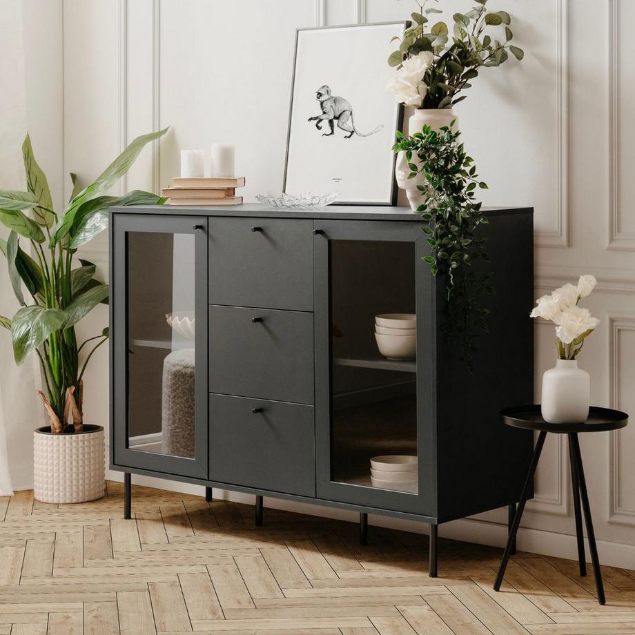 Calicosy Buffet 3 Schubladen 2 Glastüren Marineblau L120 cm - BOGOTA  