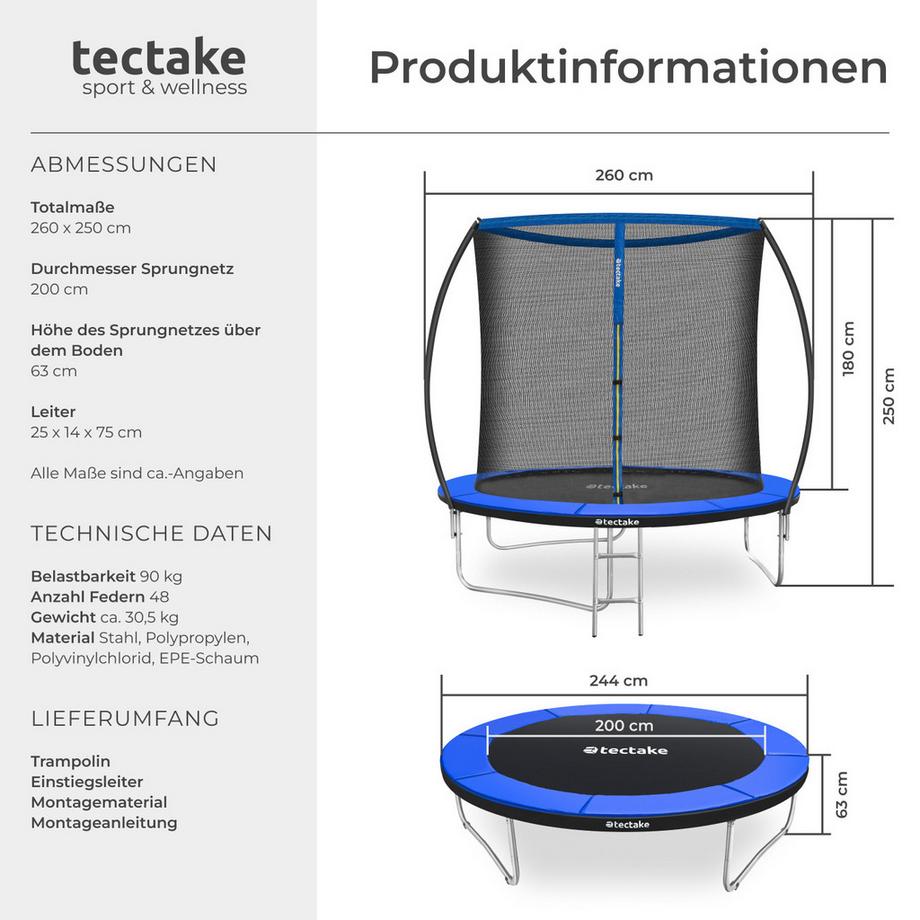 Tectake  Trampolin Jumpy Ø 244 cm, GS-zertifiziert mit Sicherheitsnetz 
