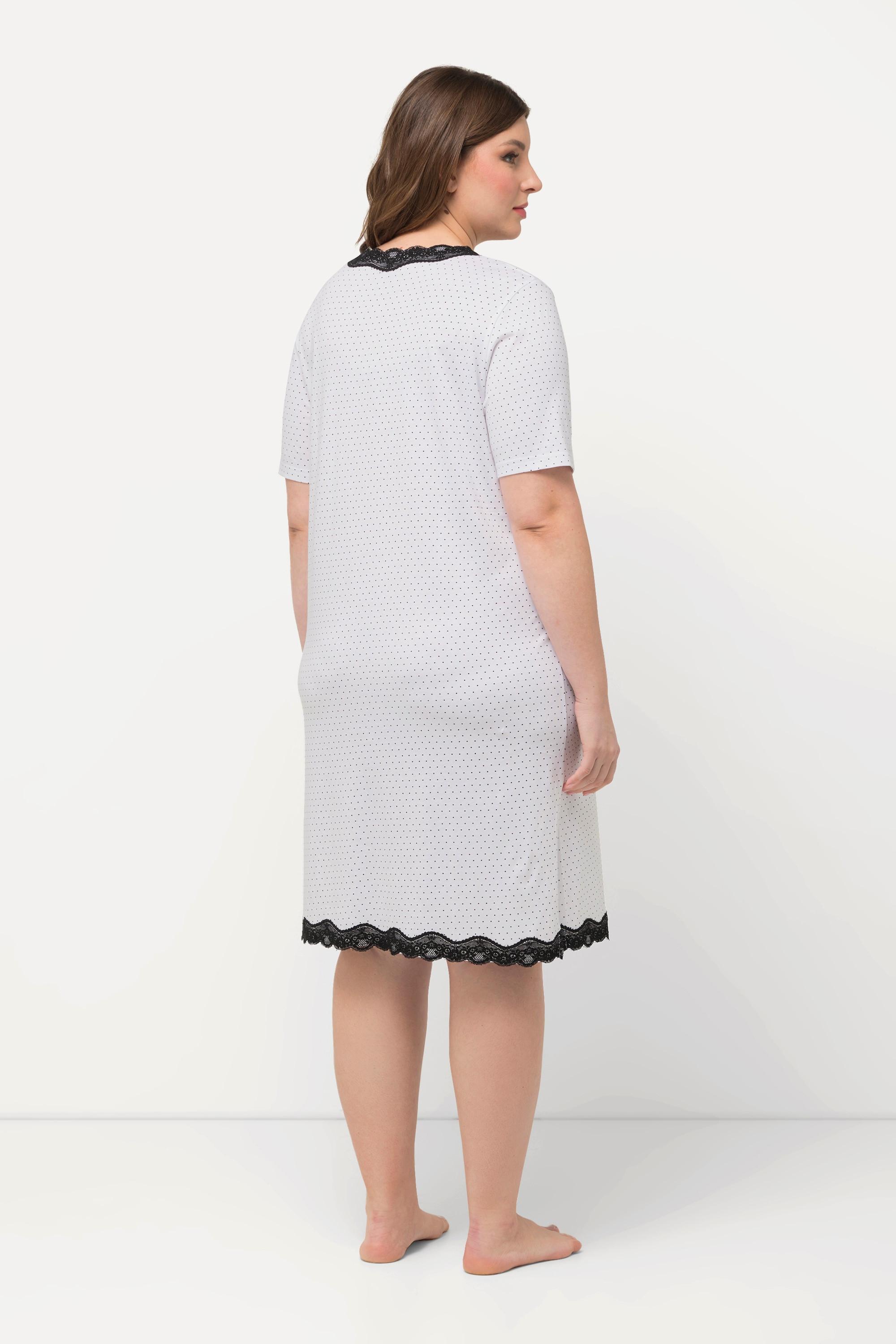 Ulla Popken Camicia da notte a pois Pizzo Scollo a V Mezze Maniche  