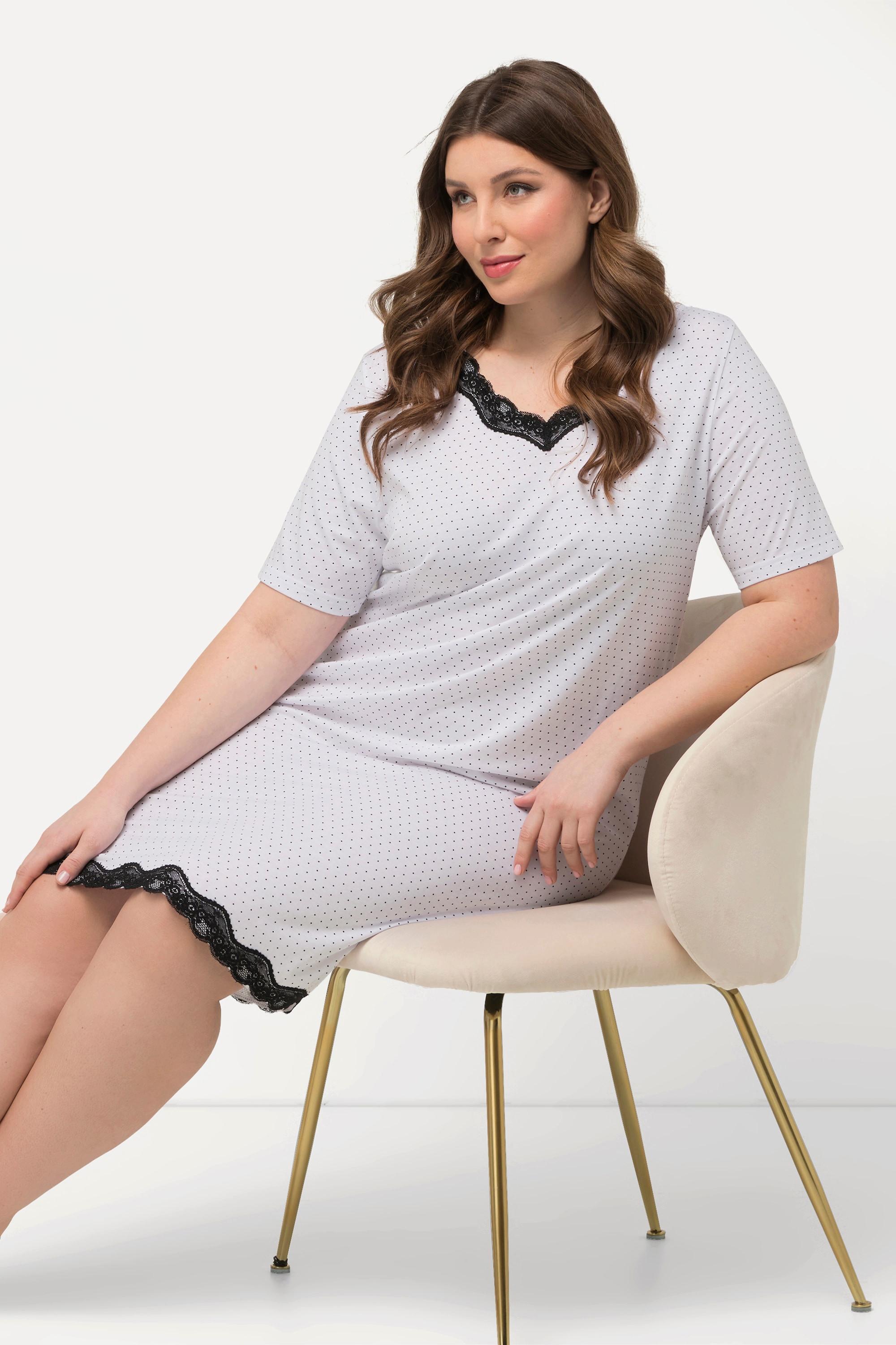 Ulla Popken Camicia da notte a pois Pizzo Scollo a V Mezze Maniche  