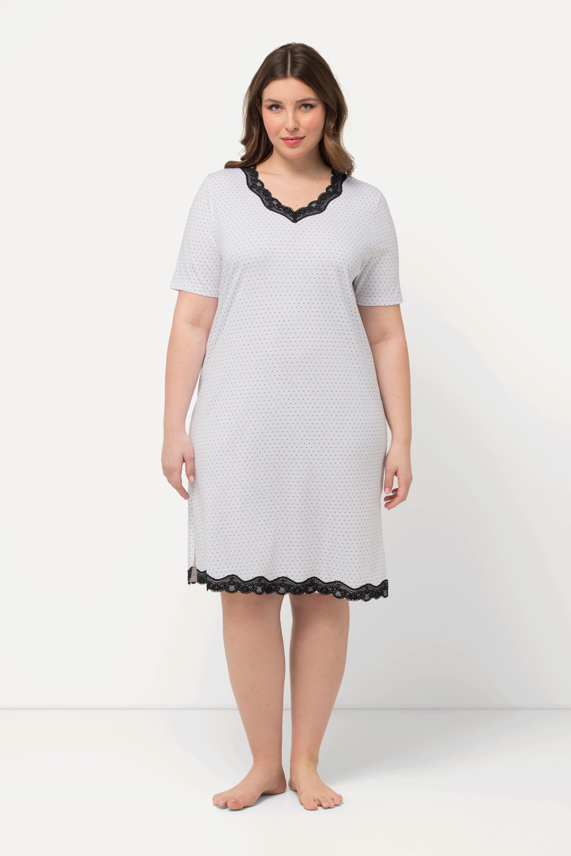 Ulla Popken Camicia da notte a pois Pizzo Scollo a V Mezze Maniche  