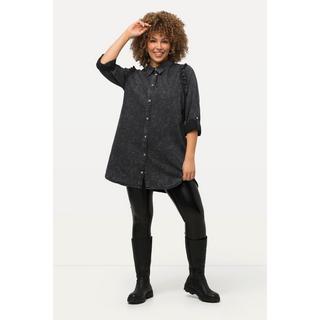 Ulla Popken  Blusa a pallini con taglio svasato, colletto da camicia, ruches sulle spalle e maniche lunghe 